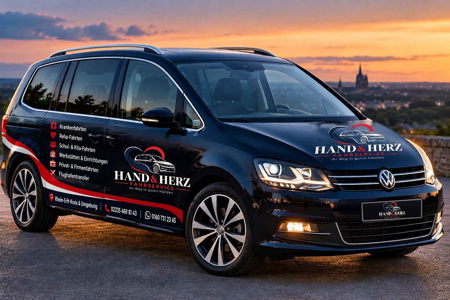 Der VW Sharan von HAND & HERZ FAHRSERVICE mit Fahrzeugbeschriftung